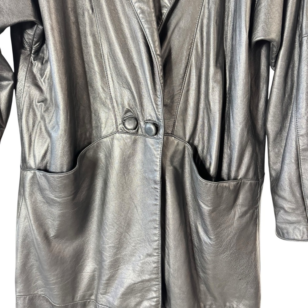 Vintage Avanti Black Genuine Leather Long Trench Coat PM - Picture 5 of 14
